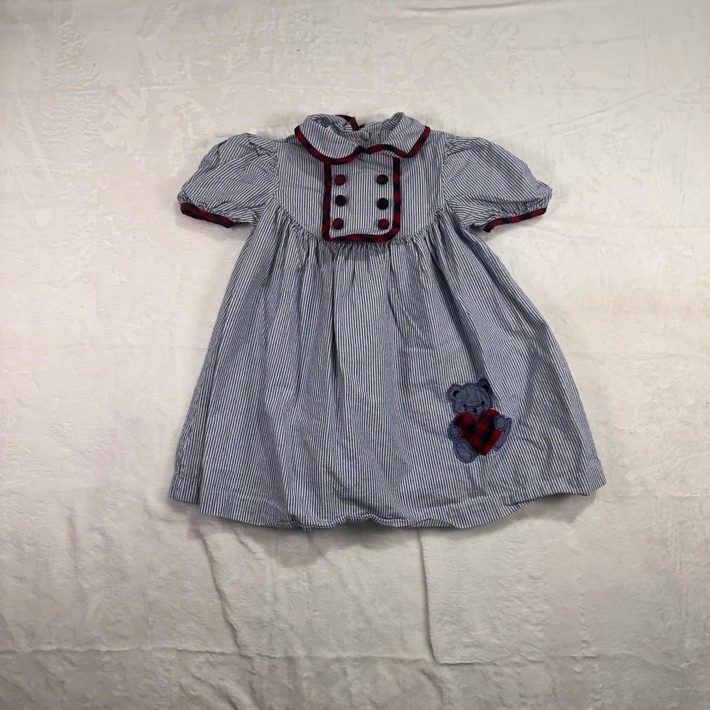Miss Victoria Seersucker Plaid Bear Dress 2T Blue White Red Stripe Kids Girl